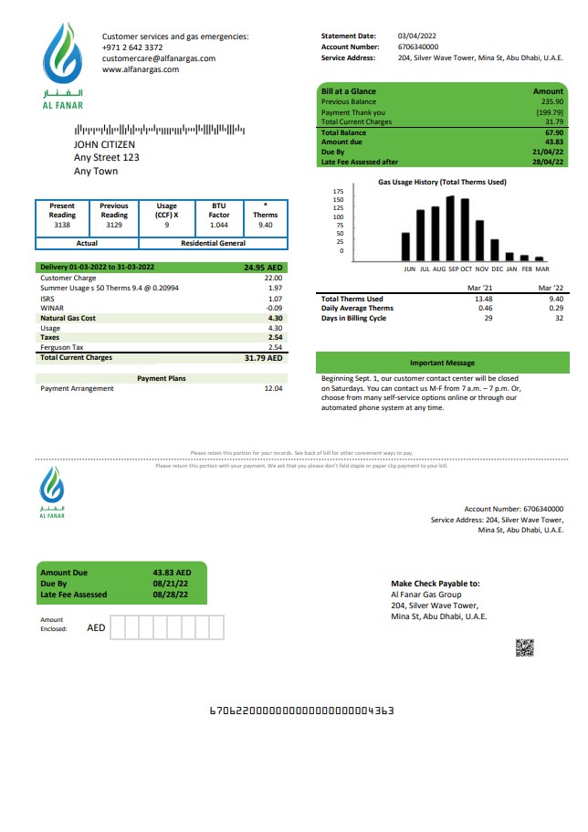 UAE Al Fanar Gas Group utility bill template in Word and PDF format